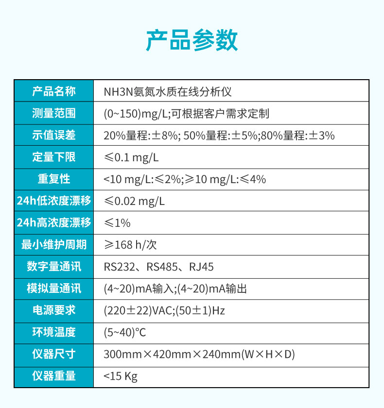 银河集团186net氨氮水质在线分析仪产品参数